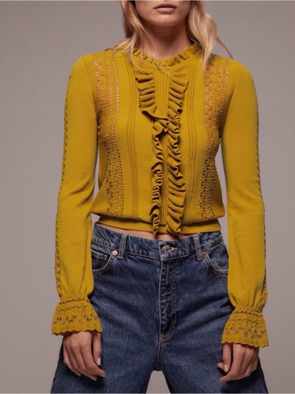 Zara Mustard Yellow Ruffle Knit Sweater size S